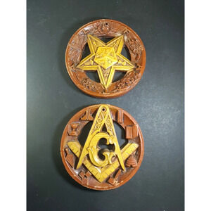 Vintage Masonic Symbols Chalk Plaques Freemason Brown Tan